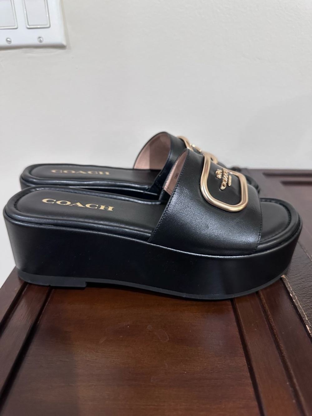 Coach Black Platform Slide Sandals with Gold Hardware - Picture 4 of 4